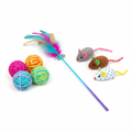 Colorful cat toy set with feather wand, balls, and plush mice